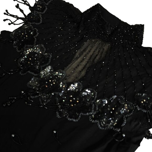 Vintage Silk Beaded Evening Gown By Gene Roye Size 6 Black With Floral Embellish - Picture 8 of 13